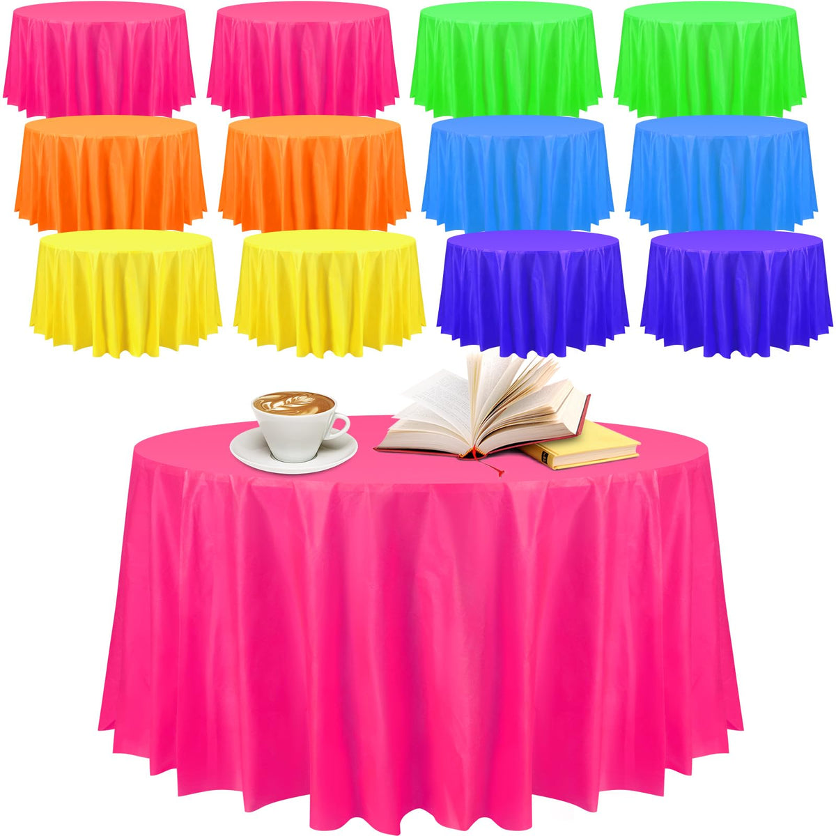 Preboun neon round tablecloth 84in creates vibrant party atmosphere and easy cleanup.