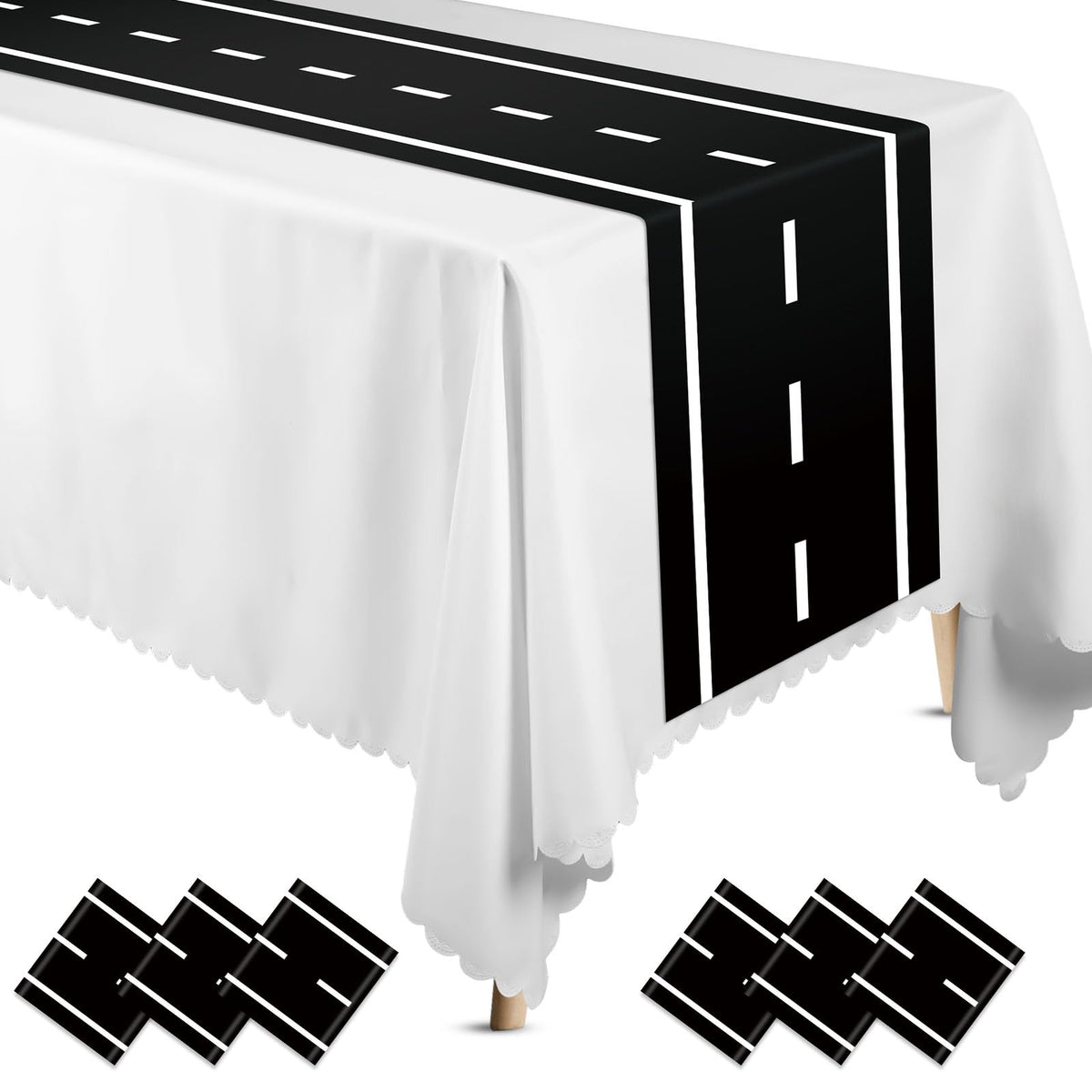 Preboun race-track table runner with checkered pattern for racing party visuals and table protection