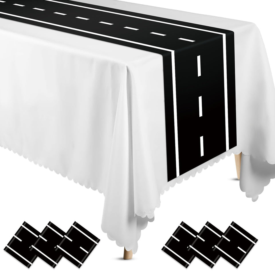 Preboun race-track table runner with checkered pattern for racing party visuals and table protection