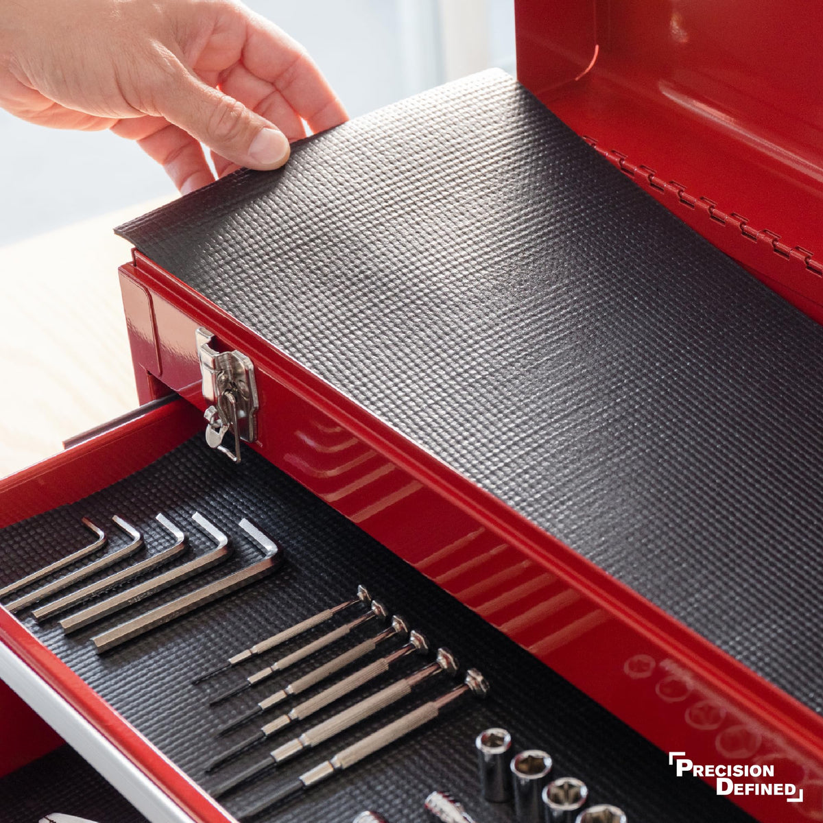 Precision Defined universal-fit liner supports various toolbox and cabinet layouts