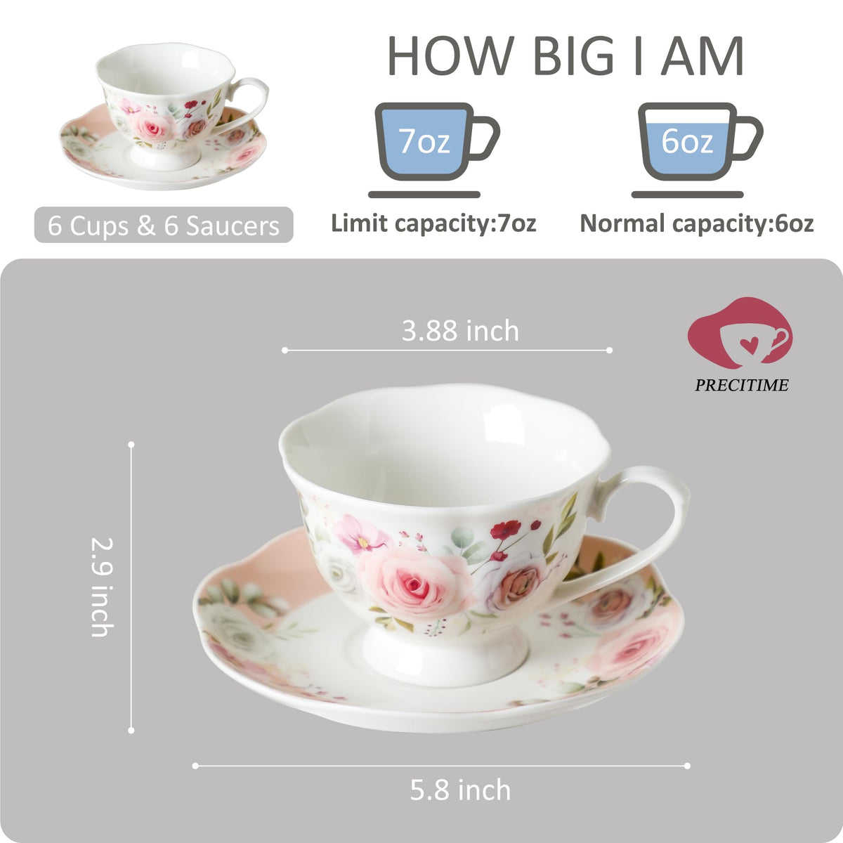 PRECITIME rose-pattern saucer complements cups for coordinated table settings.