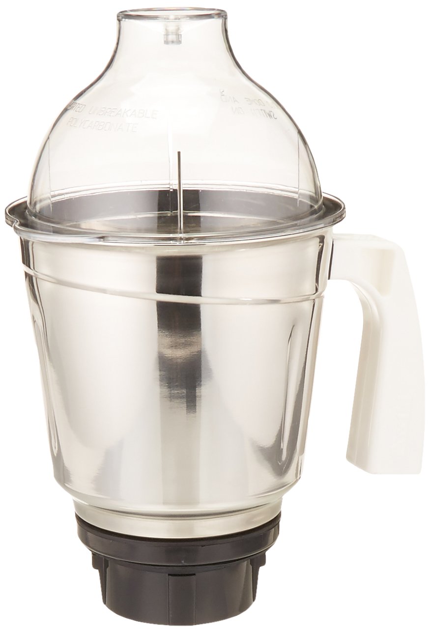 Preethi 1.5L stainless steel large jar with pour-spout for smooth blending.