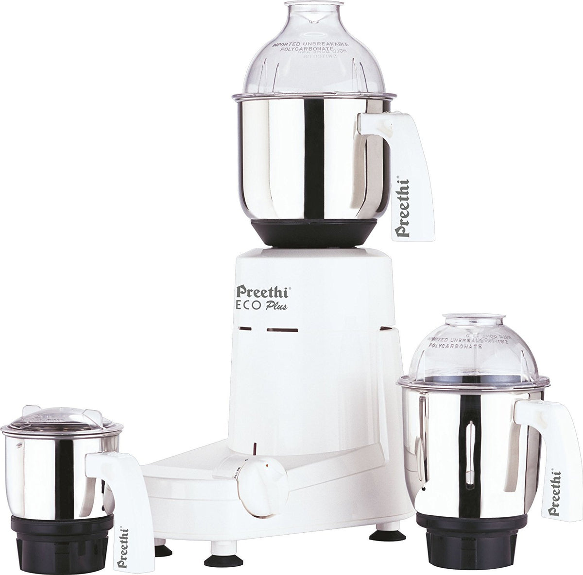 Preethi Eco Plus mixer grinder with 550W motor and stainless jars for smooth blending.