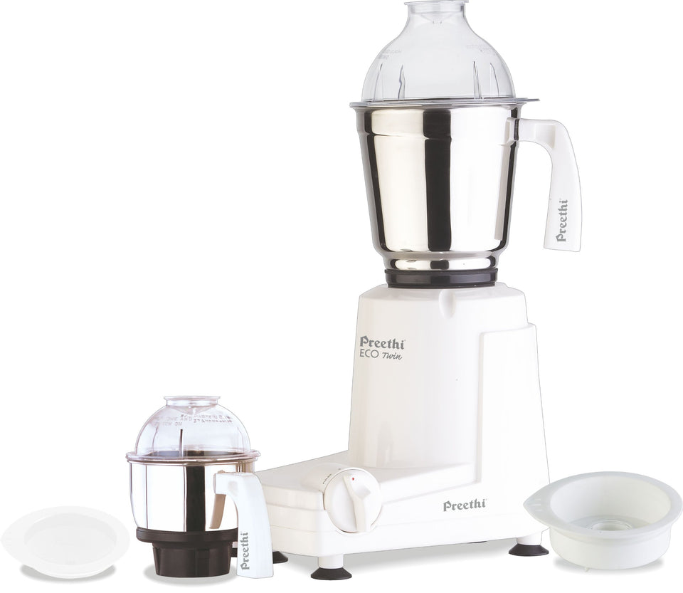 Preethi Eco Twin Jar Mixer Grinder front view showcases compact design for small kitchens