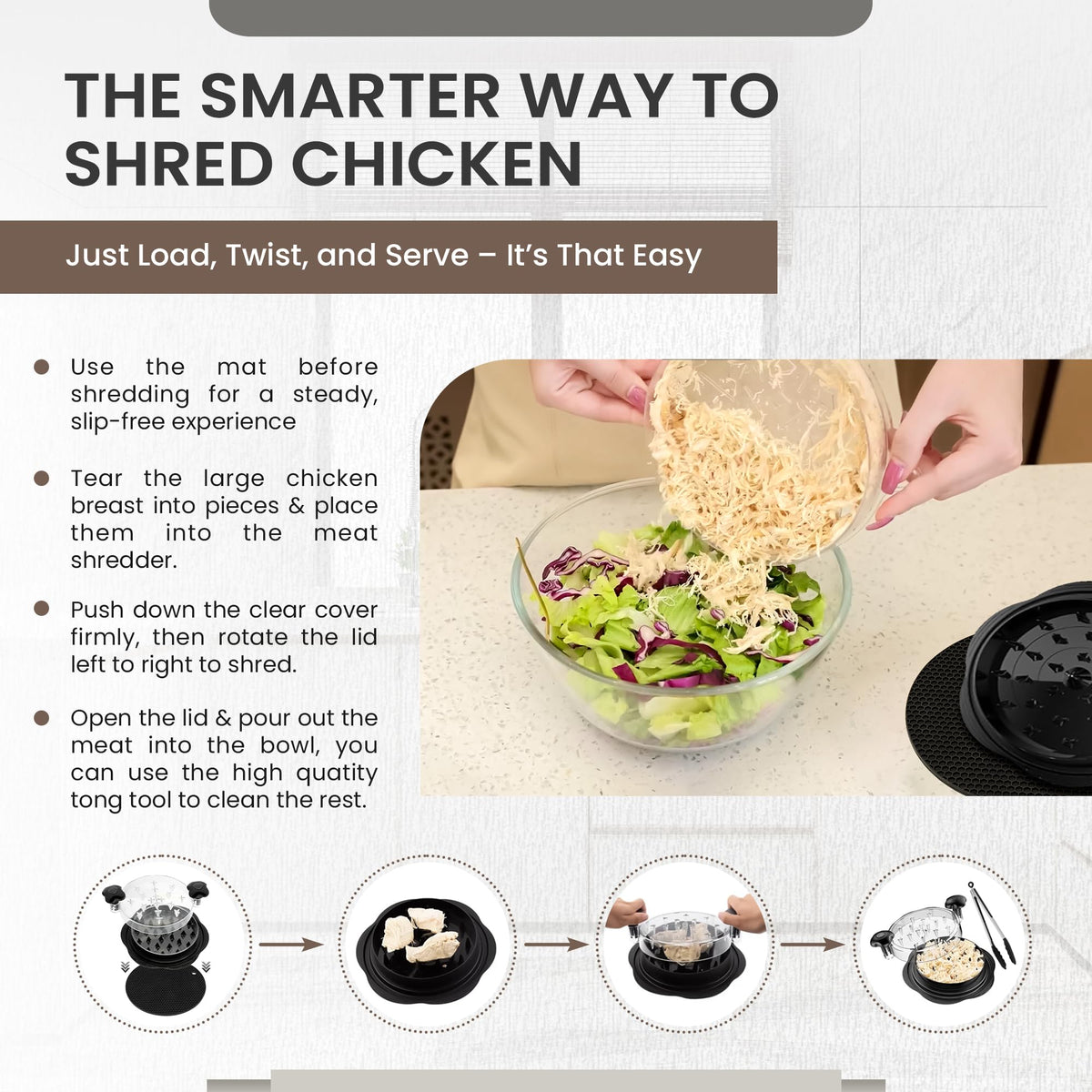 PrepMate Chicken Shredder base with meat ready for shredding.
