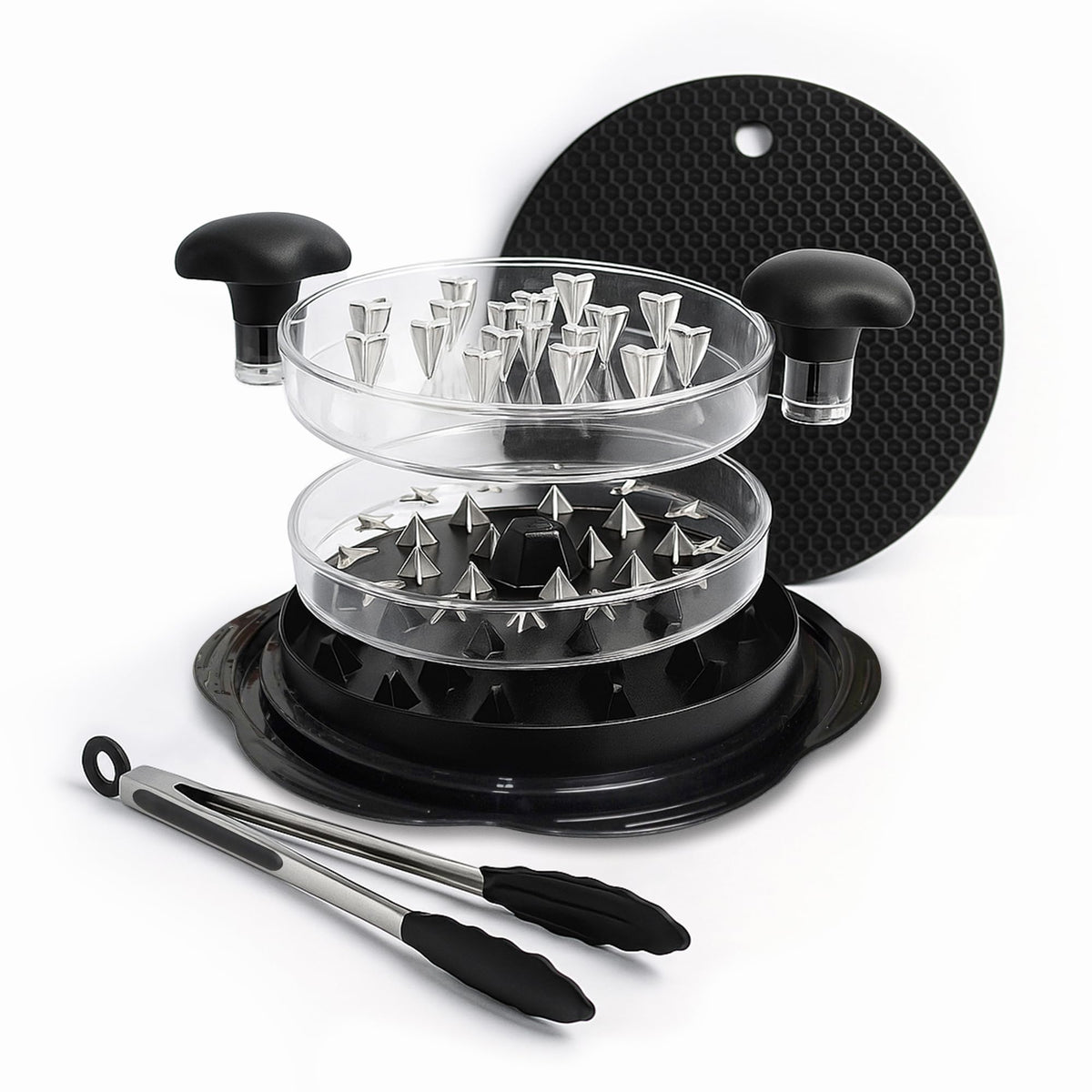 PrepMate Chicken Shredder top view shows durable spikes for fast shredding.