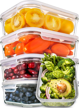 Prep Naturals 5-pack glass containers with lids for portioned meals and on-the-go lunches.