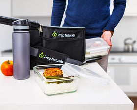 Prep Naturals glass meal prep set shown for organized fridge storage and reheating.