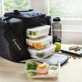 Freezer-safe Prep Naturals glass containers preserve batch-cooked meals for later.