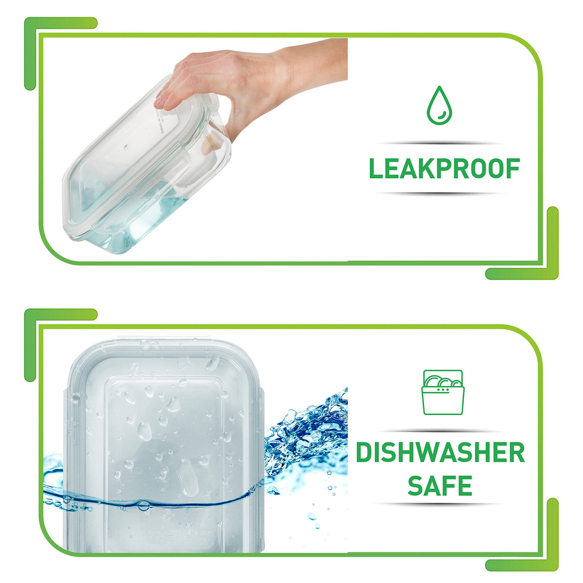 Oven-safe Prep Naturals glass containers designed for reheating meals.