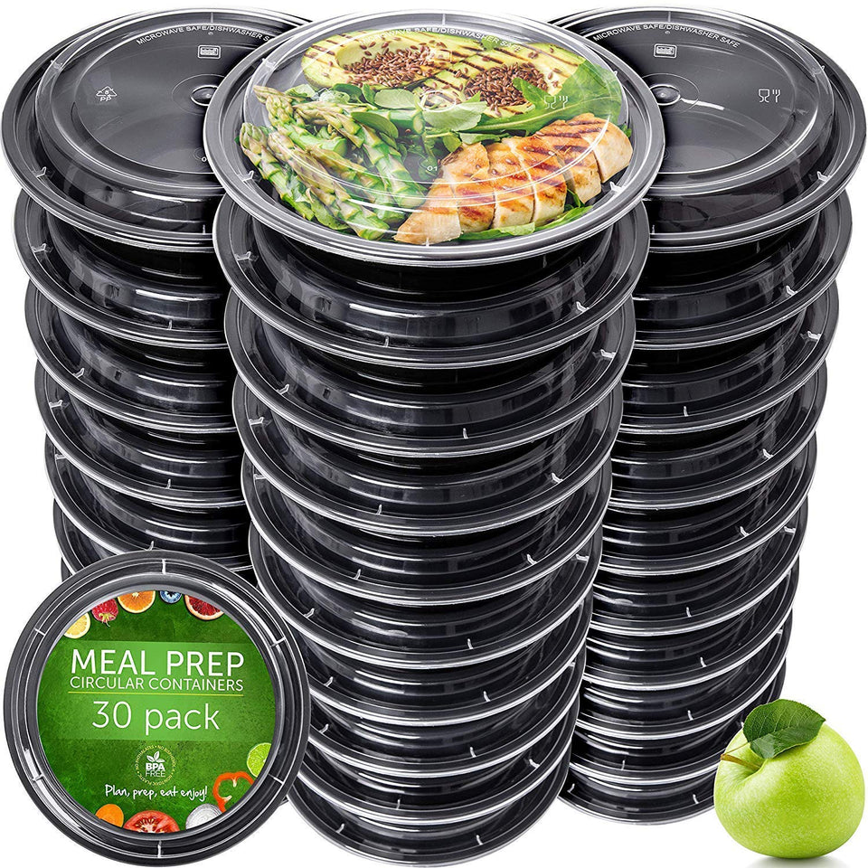 Prep Naturals 30-pack dishwasher-safe meal prep containers, black.