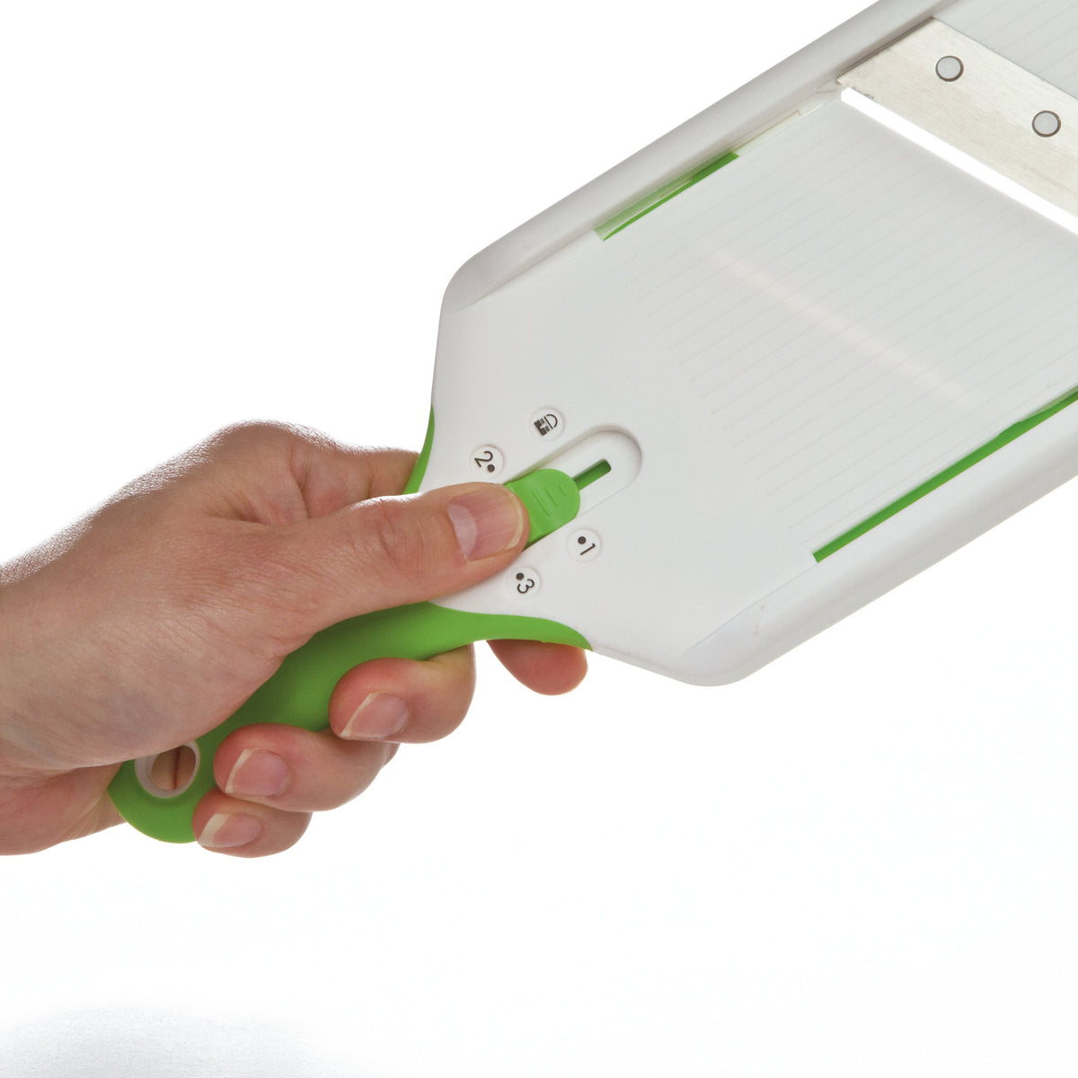 PrepSolutions Adjust-A-Slice Mandoline with hand guard enhances safety during slicing