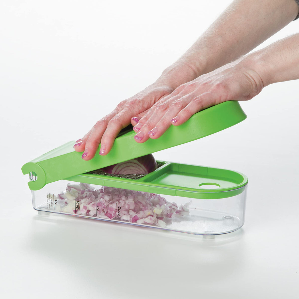 PrepWorks Onion Chopper green/white displayed as dishwasher-safe for easy cleanup.