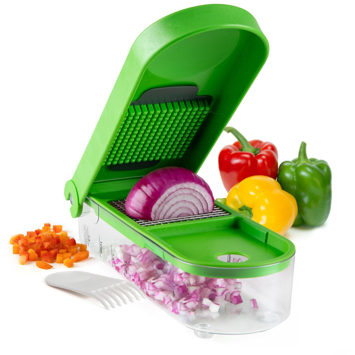 PrepWorks Onion Chopper green/white front view for fast dicing.