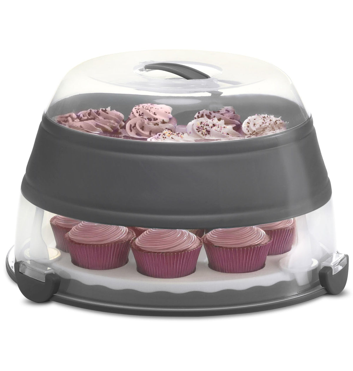 PrepWorks collapsible cupcake carrier open, secure transport for 24 cupcakes and a 9-inch cake.