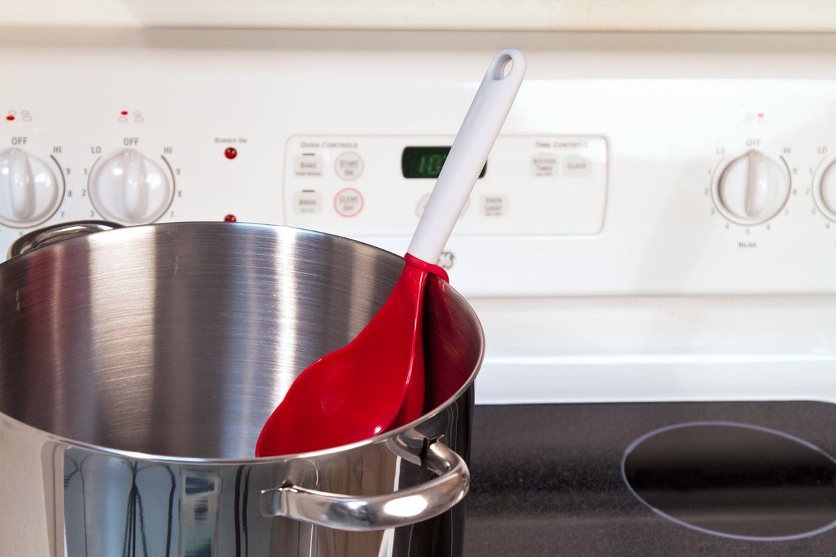 PREPWORKS red scoop demonstrates long reach to bottom of pots.
