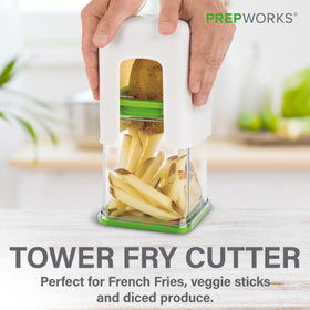 PrepWorks Tower Fry Cutter in action slicing potatoes into fries for quick meals.