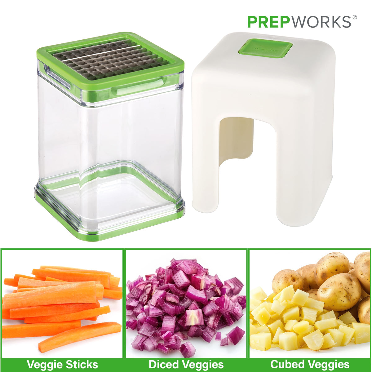 Pop-out pusher feature on the PrepWorks Tower Fry Cutter simplifies clearing the grid.