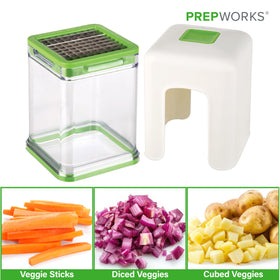 Pop-out pusher feature on the PrepWorks Tower Fry Cutter simplifies clearing the grid.