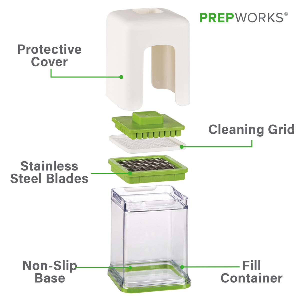 Stainless steel blades on the PrepWorks Tower Fry Cutter deliver clean cuts.