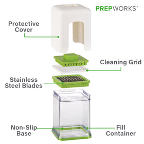 Stainless steel blades on the PrepWorks Tower Fry Cutter deliver clean cuts.