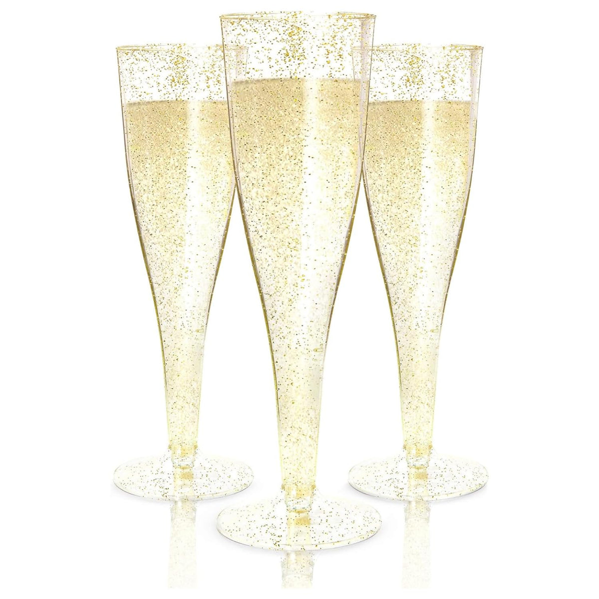 Prestee 100 gold plastic champagne flutes for effortless on-site toasts at weddings.