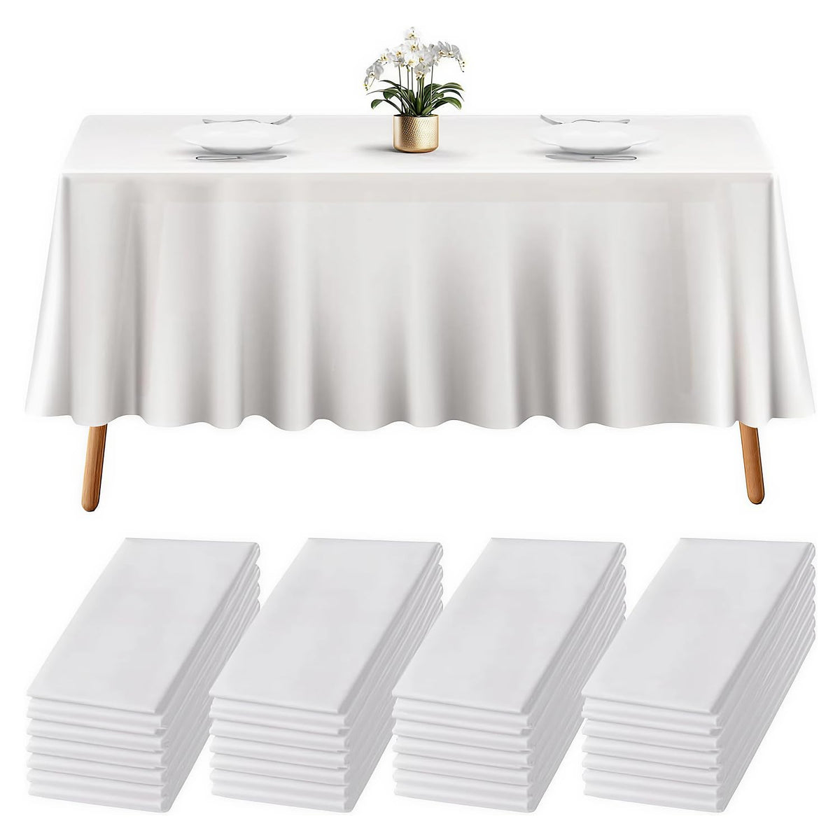 Prestee white 108 by 54 inch rectangle table cloth covering a table.