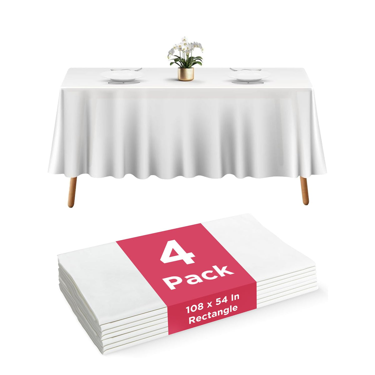 Prestee 4-pack disposable tablecloths in white cover a table for easy party setup.