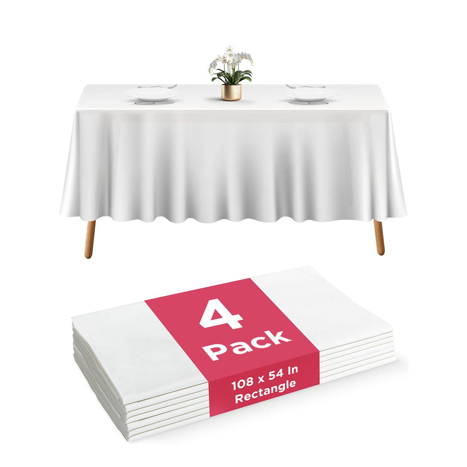 Prestee 4-pack disposable tablecloths in white cover a table for easy party setup.