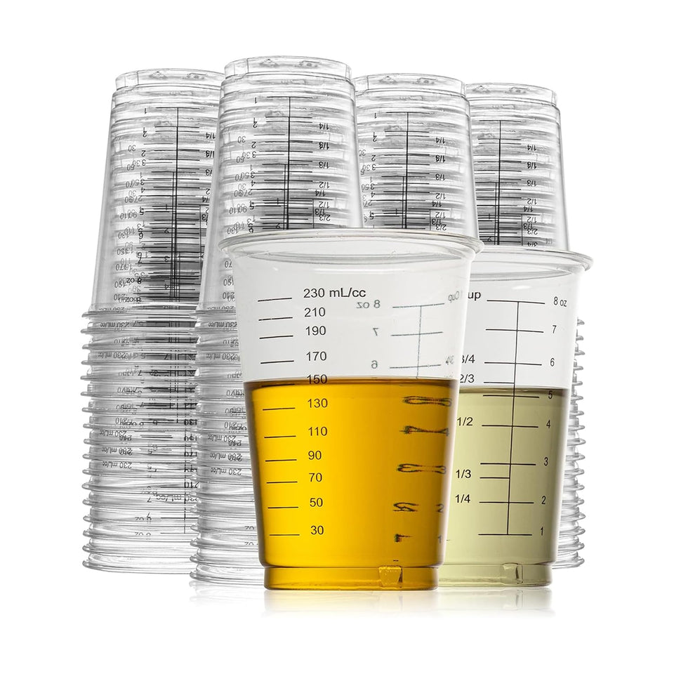 Prestee 50 disposable 8 oz cups for precise pours in epoxy and painting projects.