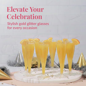 Prestee gold glitter accent champagne flutes add luxe shimmer to celebrations.