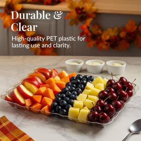 Prestee plastic serving tray highlights appetizers with a clean dessert-table look.
