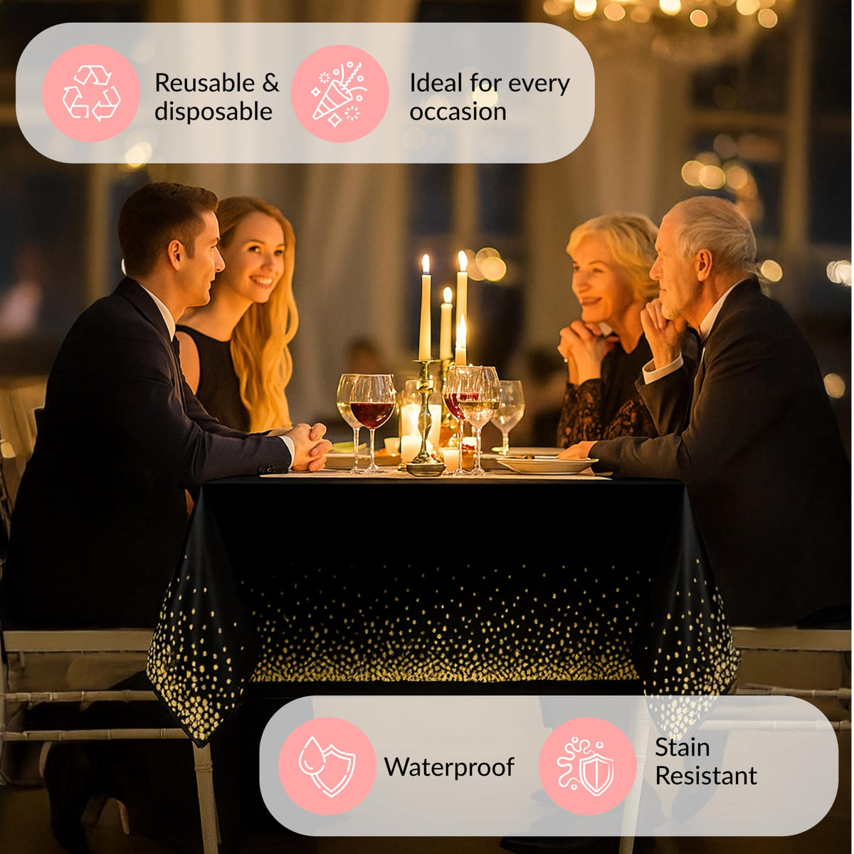 Prestee weddings and events tablecloth enhances upscale decor.