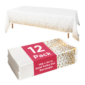 Prestee white and gold polka dot tablecloth on 54x108 setup for weddings