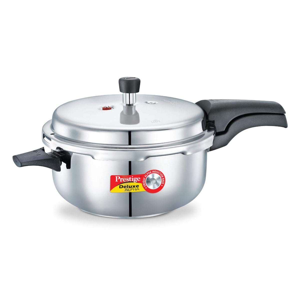 Prestige Alpha Deluxe induction-base pan highlights even heat distribution for faster meals