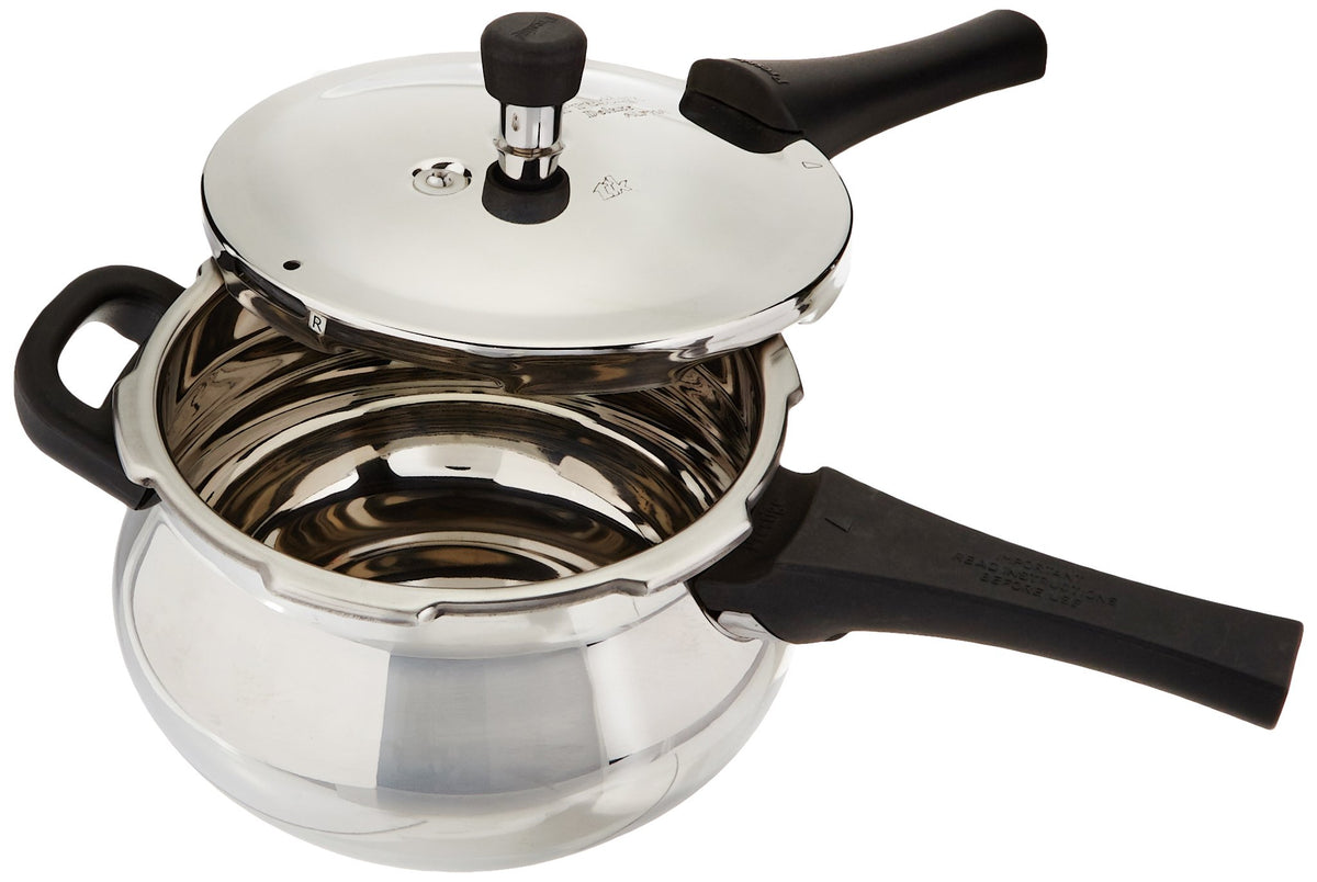 Prestige Deluxe Alpha induction-base detail showcases euro-clad bottom for versatile heat use.