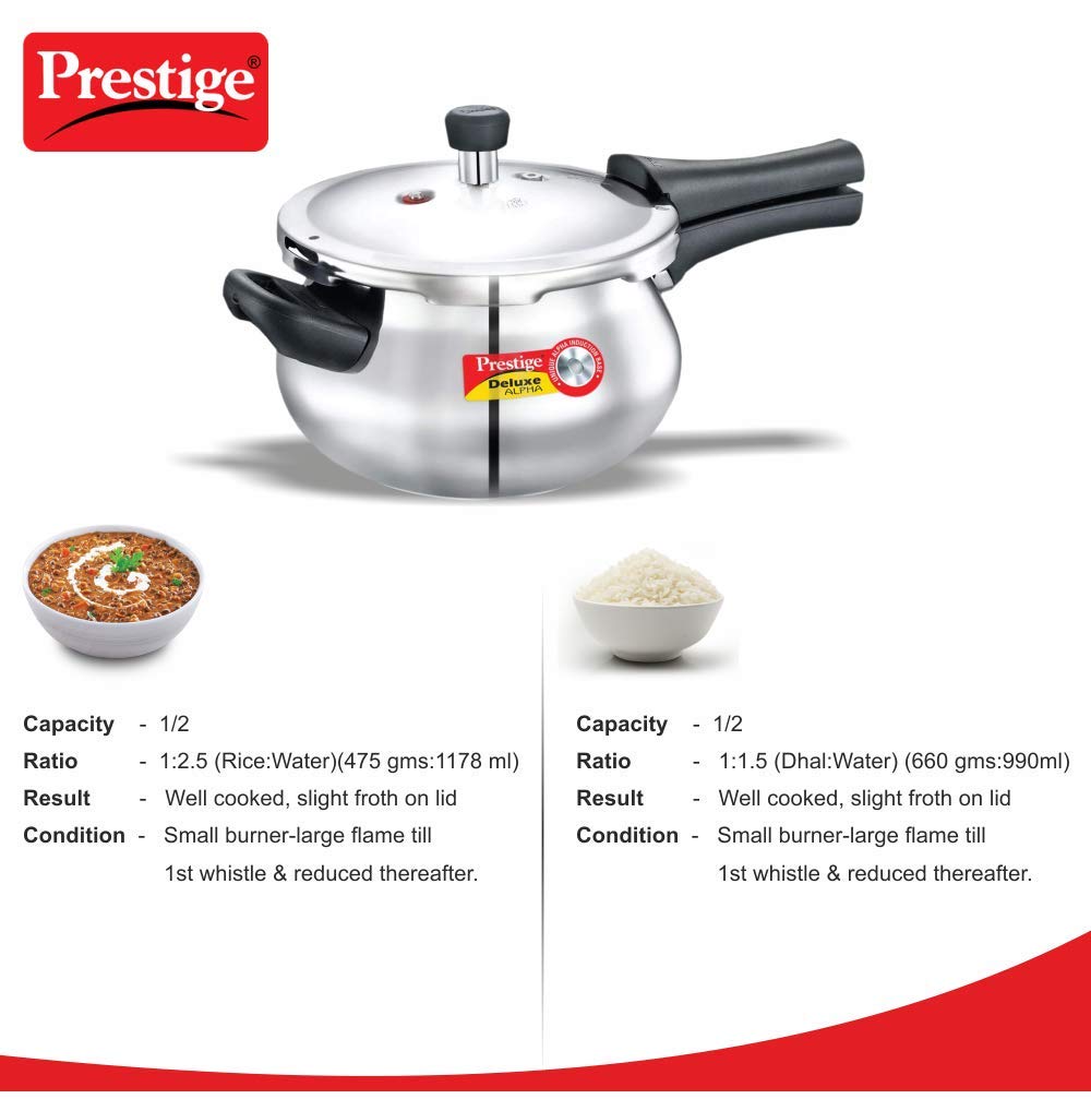 Prestige Deluxe Alpha pressure indicator highlights safe, monitored cooking.