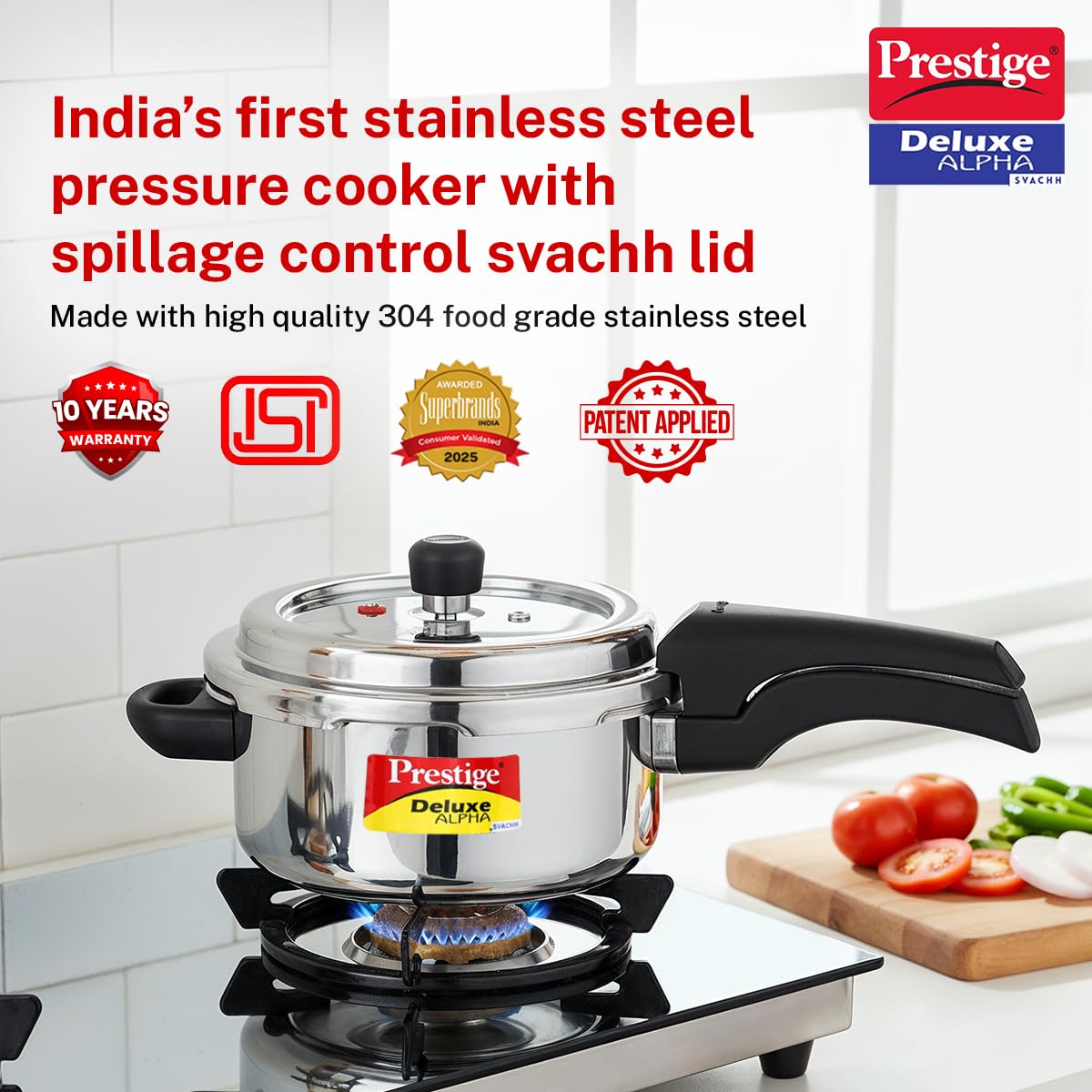 Prestige Deluxe Alpha Svachh deep lid close-up highlights spill containment during cooking.