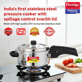 Prestige Deluxe Alpha Svachh deep lid close-up highlights spill containment during cooking.