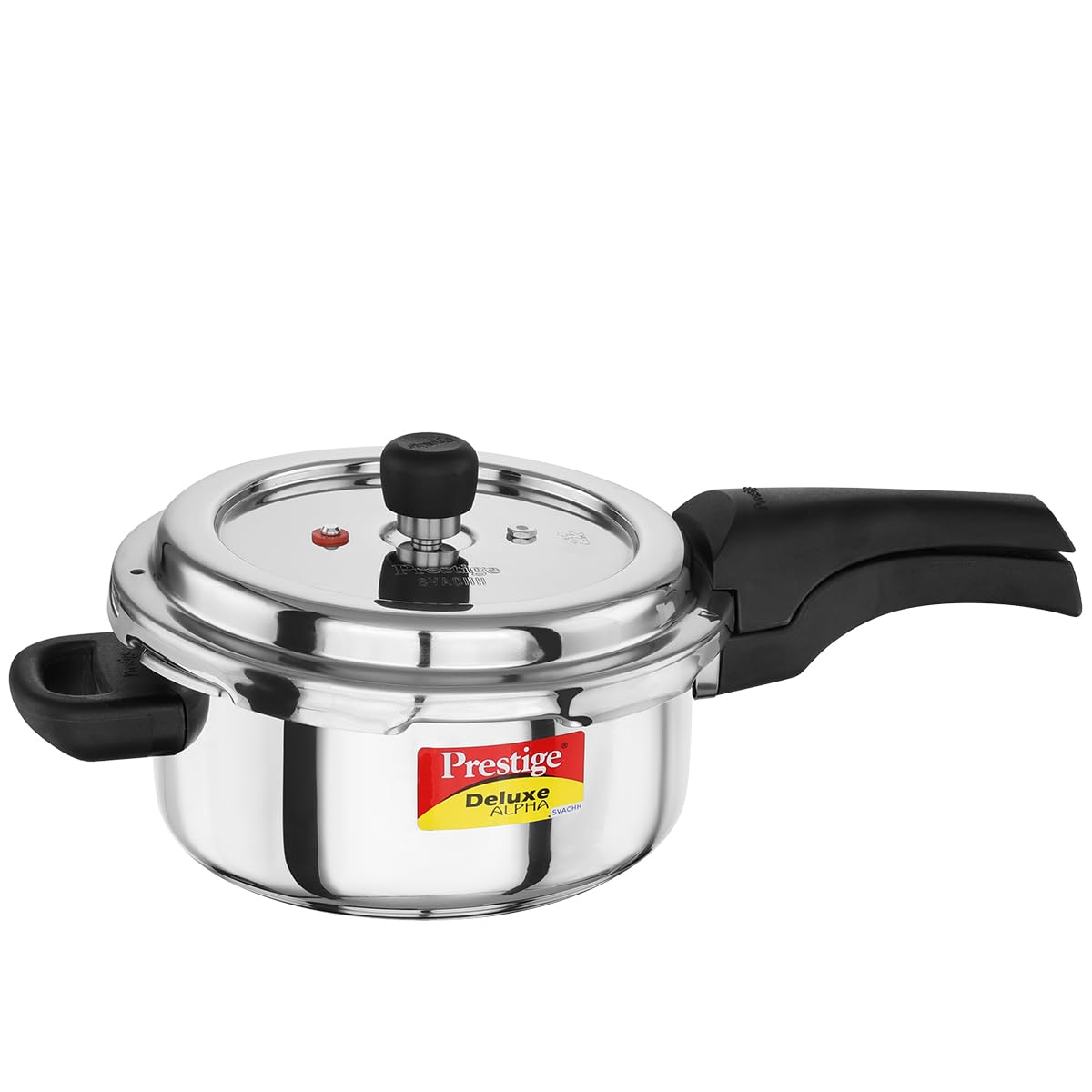 Prestige Deluxe Alpha Svachh front view showing durable stainless steel for everyday cooking.