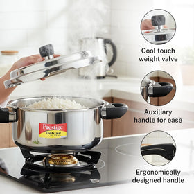 Prestige Deluxe Alpha Svachh includes recipe book for culinary inspiration.