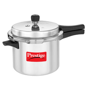 Prestige Popular 5L aluminum pressure cooker front view highlighting sturdy base for durable cooking