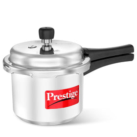 Prestige PRP3 pressure cooker top view with sturdy aluminum body for fast cooking.