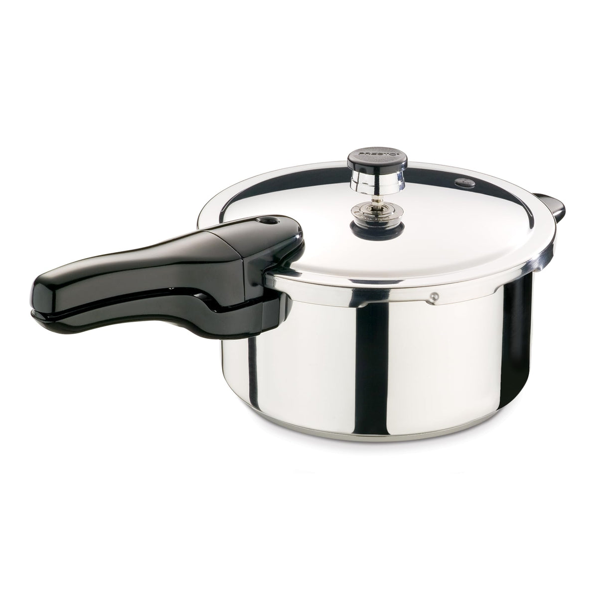 Presto 4-quart pressure cooker front view showcasing compact stainless steel design for fast meals