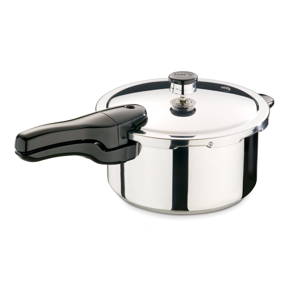 Presto 4-quart pressure cooker front view showcasing compact stainless steel design for fast meals