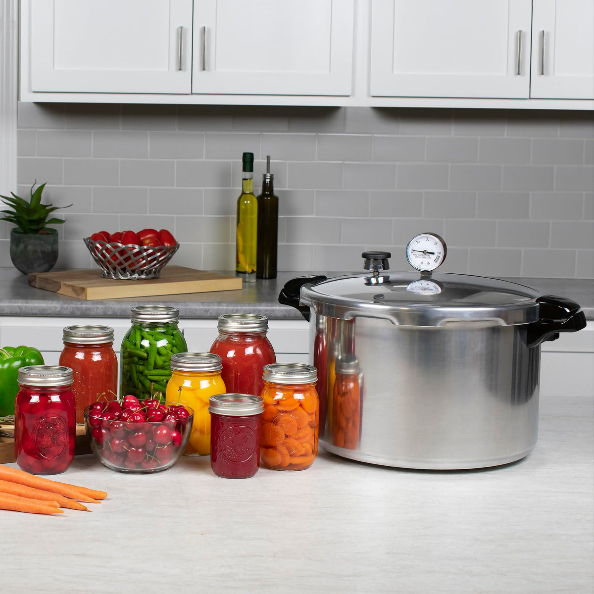 Presto canning rack keeps jars elevated for proper liquid circulation during processing.