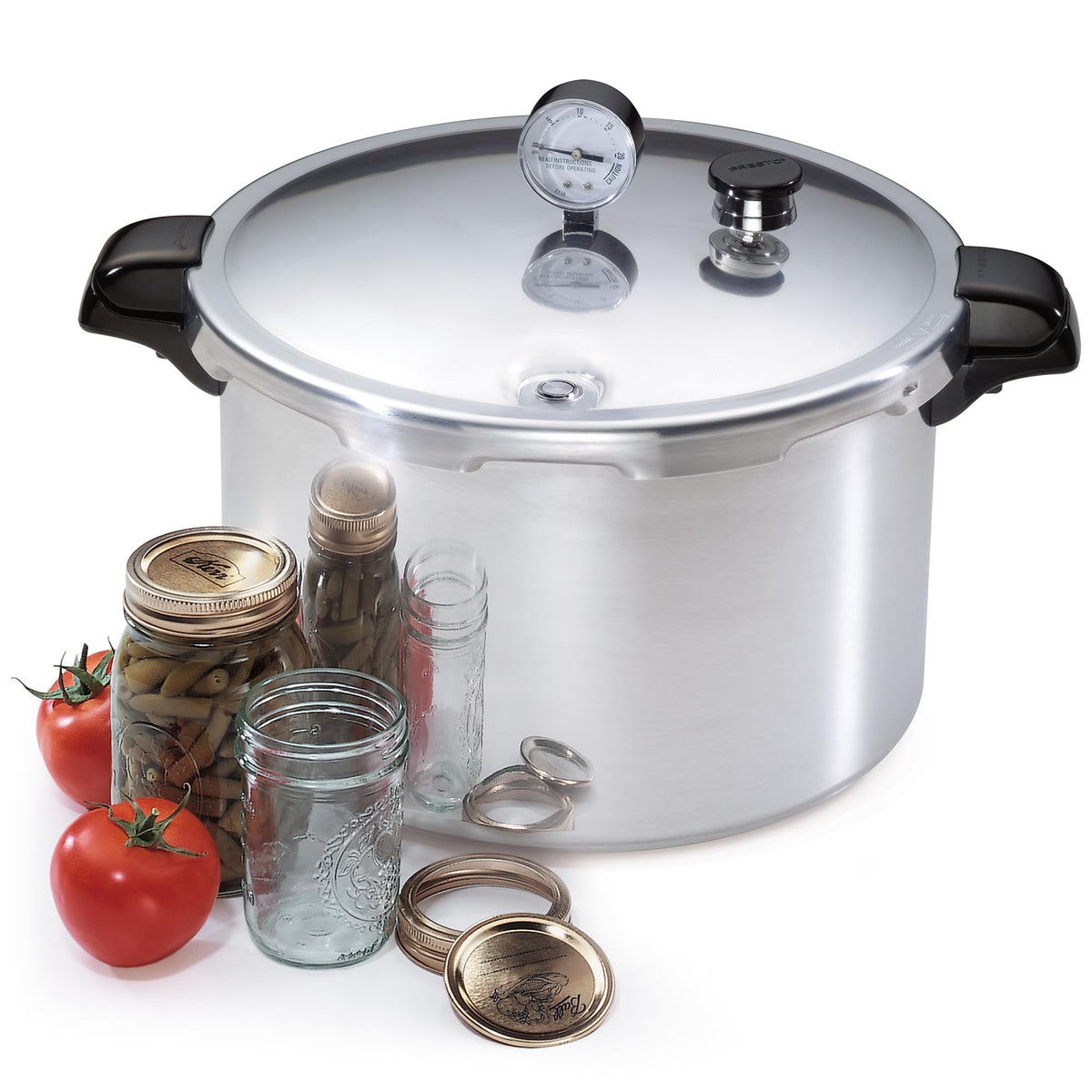 Presto dial gauge shows precise pressure for reliable processing.