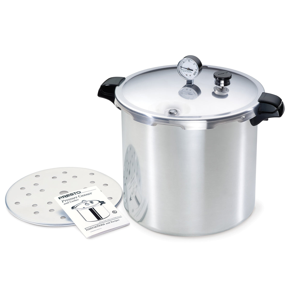 Rack insert in the 23-quart pot keeps jars elevated for even heating.