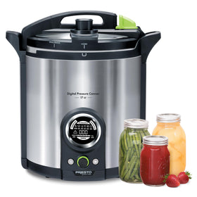 Presto 02152 digital pressure canner front view showing quart jar capacity.