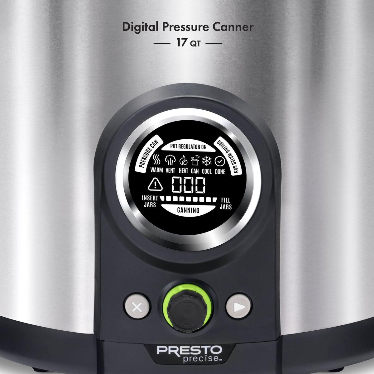 Close-up of the Presto 02152 LED display guiding canning steps.